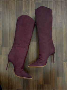 Schutz Women's Pony Hair Burgundy Knee-High Stiletto Boots
